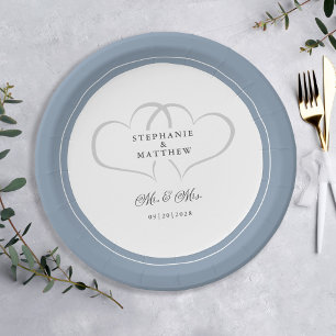 Assiettes En Carton Mariage élégant Mr & Mrs Dusty Blue Chic Hearts