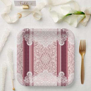 Assiettes En Carton Mariage Élégant Rose Poussiéreuse et Dentelle Blan