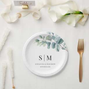 Assiettes En Carton Mariage Élégant Simple Eucalyptus Initiales Couple