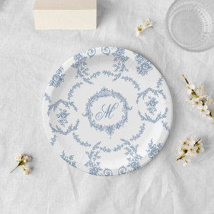 Assiettes En Carton Mariage Élégant Vintage Bleu Toile Monogram