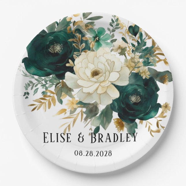 Assiettes En Carton Mariage Emerald Green et White Gold Peonies (Devant)