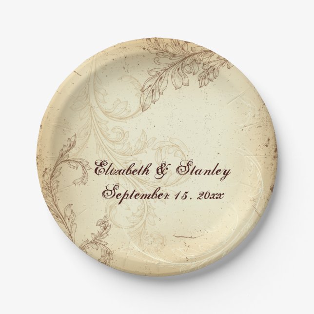 Assiettes En Carton mariage en feuille de parchemin beige et marron vi (Devant)