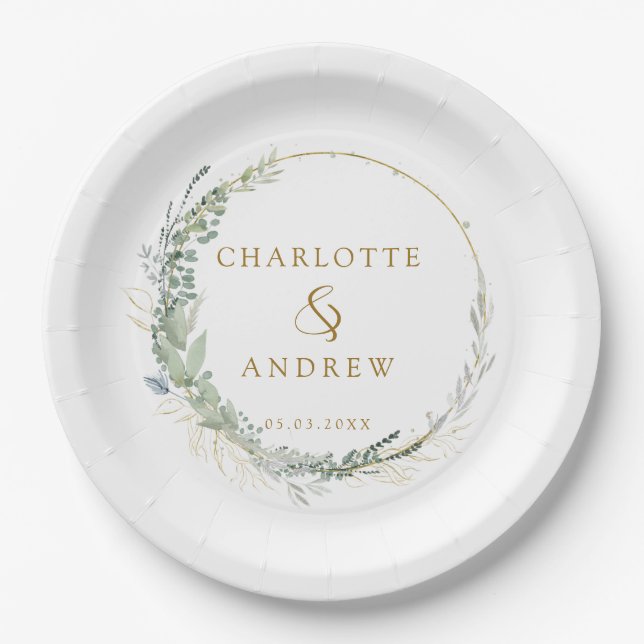 Assiettes En Carton Mariage eucalyptus moderne et élégant (Devant)