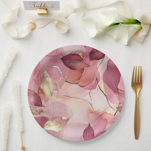 Assiettes En Carton Mariage Feuille Blush Pink Gold (Mariage)