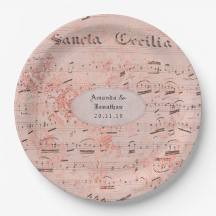 Assiettes En Carton Mariage feuille de musique vintage or rose