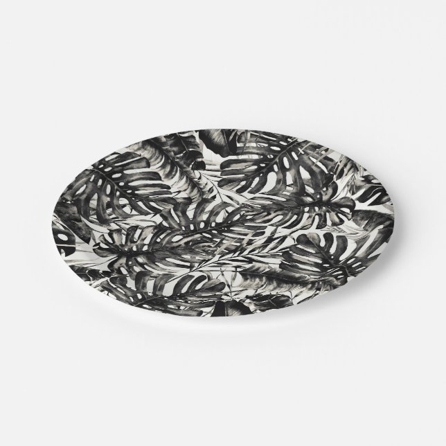 Assiettes En Carton Mariage Feuille de Palme Tropicale Noir & Blanc (Angle)