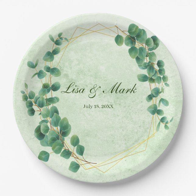Assiettes En Carton Mariage Feuille Eucalyptus Géométrique (Devant)