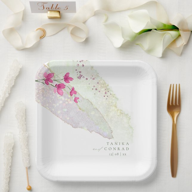 Assiettes En Carton Mariage fleur sauvage Aquarelle Peinture Str Fsia  (Mariage)