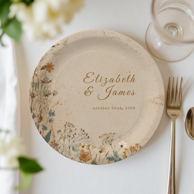 Assiettes En Carton Mariage Fleur sauvage Boho rustique frontière beig (Créateur téléchargé)