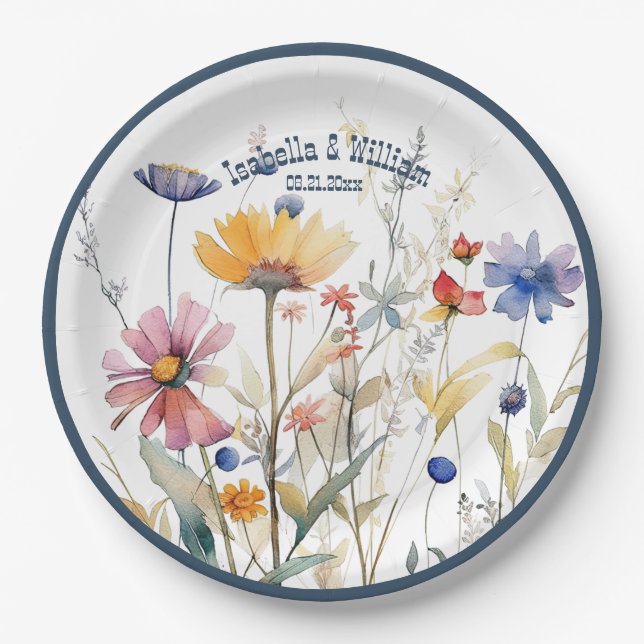 Assiettes En Carton Mariage Fleur sauvage personnalisé Blue Denim Fall (Devant)