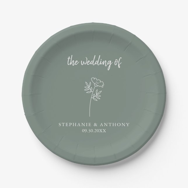 Assiettes En Carton Mariage Fleur sauvage Sage Green (Devant)