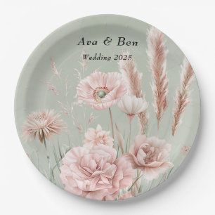Assiettes En Carton Mariage Fleur sauvage Sage Green et Rose