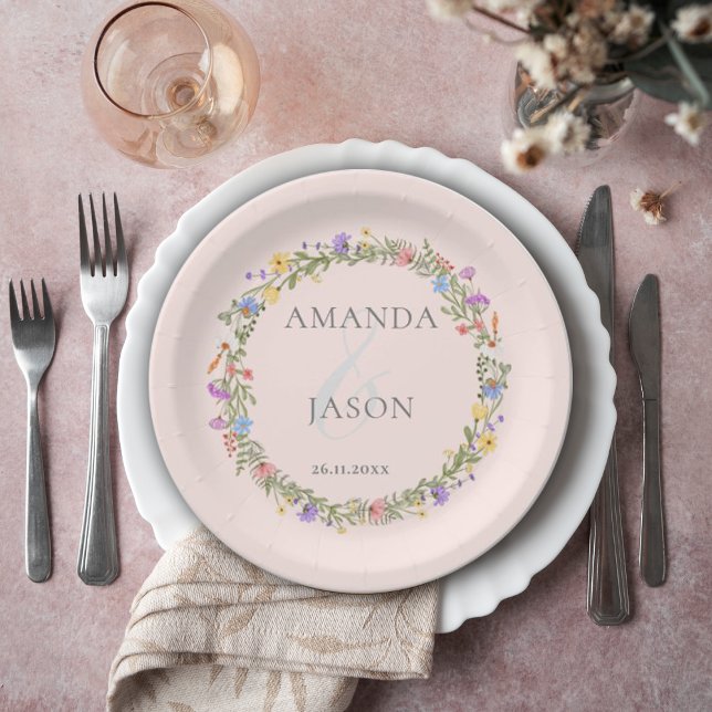 Assiettes En Carton Mariage fleur sauvage violet de couronne de fleurs (Floral Wreath Purple Blush wildflowers Wedding Paper Plates)