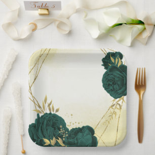 Assiettes En Carton Mariage fleuri en or vert émeraude