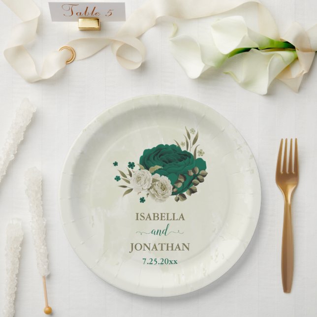 Assiettes En Carton mariage fleurs beige vert émeraude (Mariage)