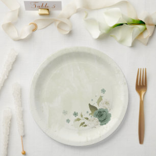 Assiettes En Carton mariage fleurs blanches vert sauge