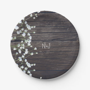 Assiettes En Carton Mariage Fleurs de Gypsophile & Bois Rustique Foncé
