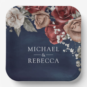 Assiettes En Carton Mariage Fleurs de Roses Rouge Bourgogne Bleu Marin