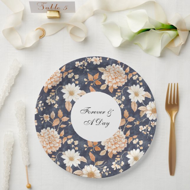Assiettes En Carton Mariage floral à la crème bleue marine (Mariage)