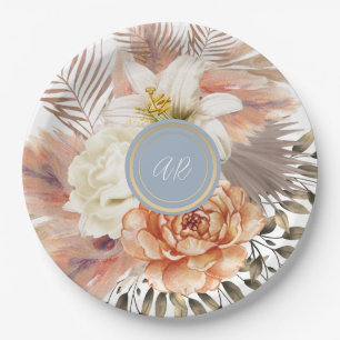 Assiettes En Carton Mariage Floral au Bleu Poussiéreux et Pêche