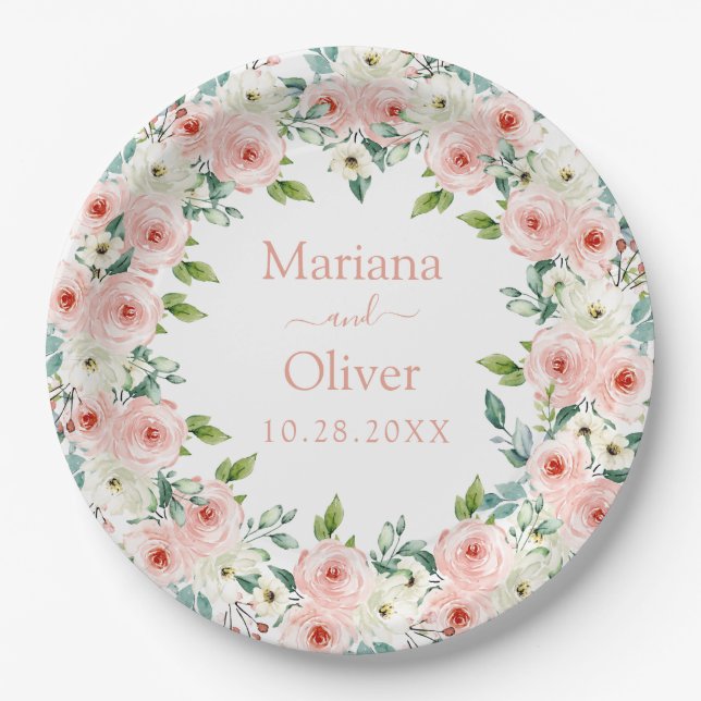 Assiettes En Carton Mariage floral blanc de pêche (Devant)