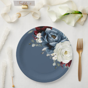 Assiettes En Carton Mariage floral blanc d'ivoire blanc bleu ardoise P