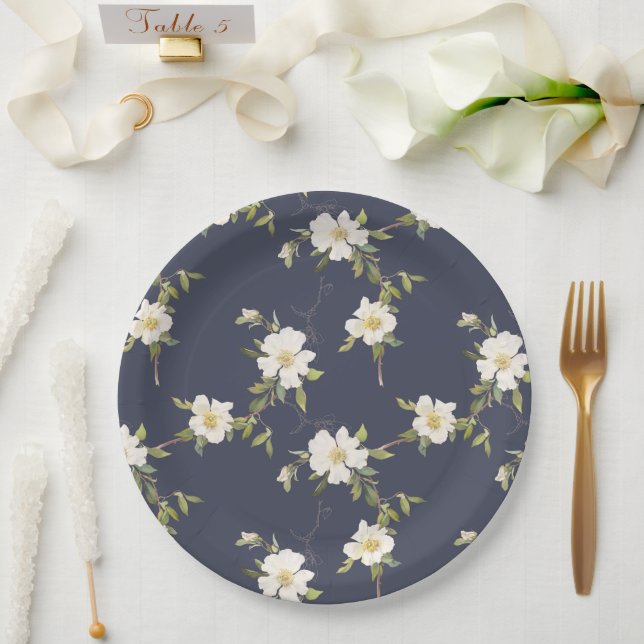 Assiettes En Carton Mariage floral bleu blanc de la marine romantique (Mariage)