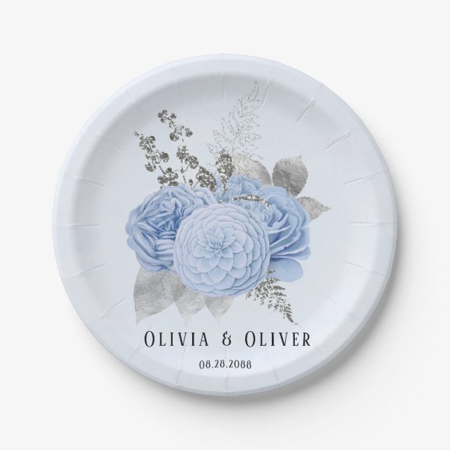 Assiettes En Carton Mariage floral bleu et argenté (Devant)
