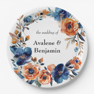 Assiettes En Carton Mariage floral bleu et orange