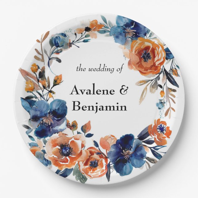 Assiettes En Carton Mariage floral bleu et orange (Devant)