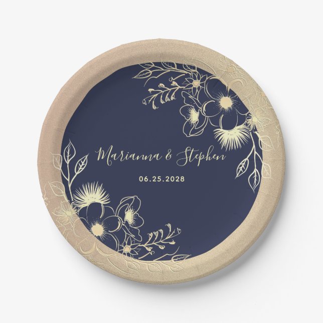 Assiettes En Carton Mariage floral bleu marine (Devant)