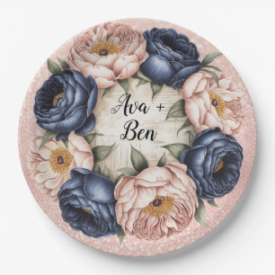 Assiettes En Carton Mariage floral bleu marine et Rose or