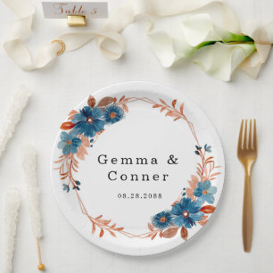 Assiettes En Carton Mariage floral bleu marine terracotta