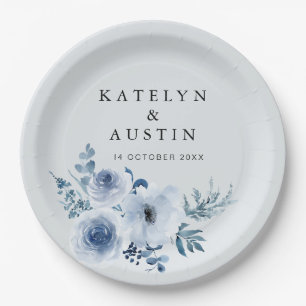 Assiettes En Carton mariage floral bleu poussiéreux 