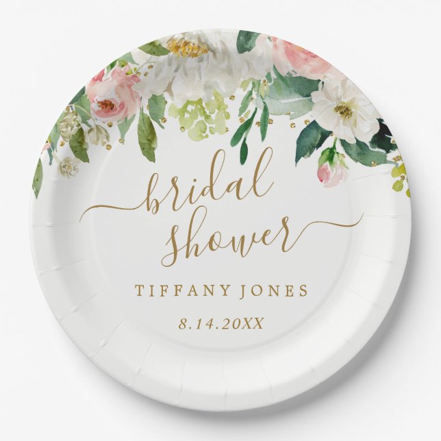 Assiettes En Carton Mariage Floral Blush Or Rose Confetti (Devant)