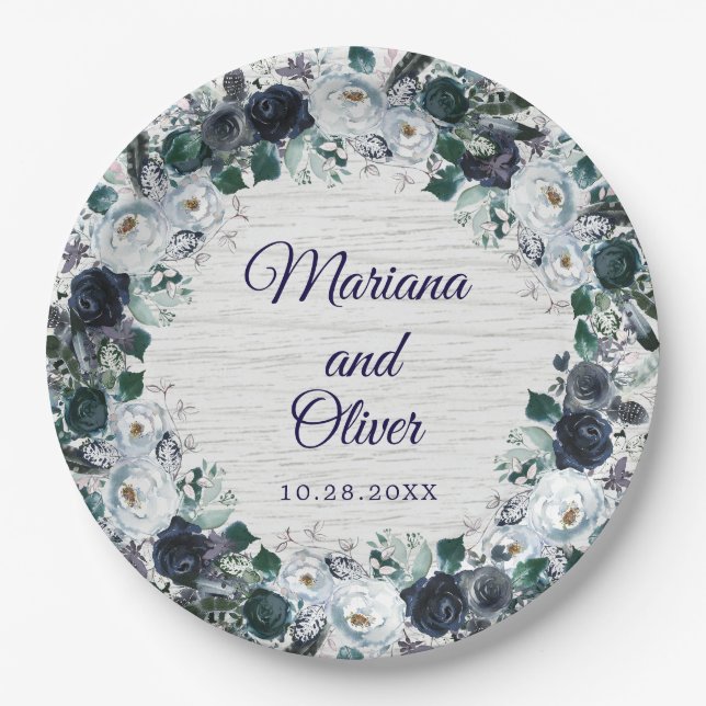 Assiettes En Carton Mariage floral boho bleu marine (Devant)