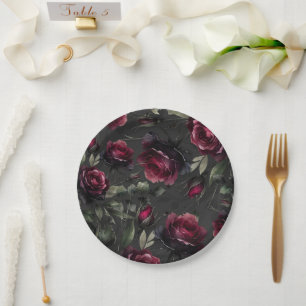 Assiettes En Carton Mariage floral Bordeaux Rouge Roses Gris ombré