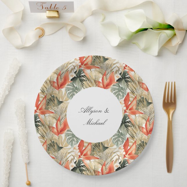Assiettes En Carton Mariage floral d'anthurium orange tropical (Mariage)