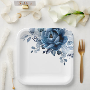 Assiettes En Carton Mariage floral de la marine d'ardoise bleu Dusty P