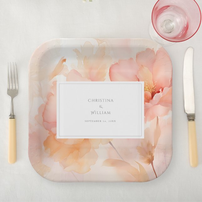 Assiettes En Carton Mariage floral de pêche à l'aquarelle moderne (Créateur téléchargé)