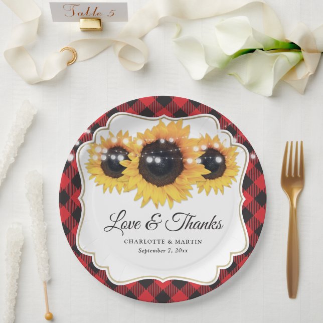 Assiettes En Carton Mariage floral de tournesol Plaid de Buffalo rouge (Mariage)