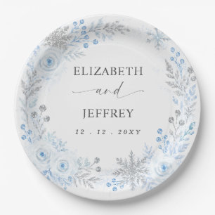 Assiettes En Carton Mariage Floral d'Hiver aux Flocons de Neige Bleu A