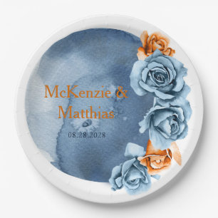 Assiettes En Carton Mariage floral Dusty Blue et Rusty Peony