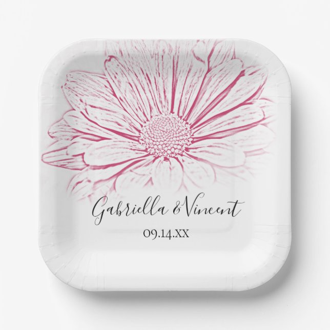 Assiettes En Carton Mariage floral, effet marguerite rose (Recto)