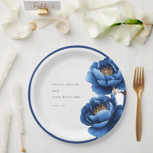 Assiettes En Carton Mariage Floral Élégant Bleu Nuit Or (Mariage)