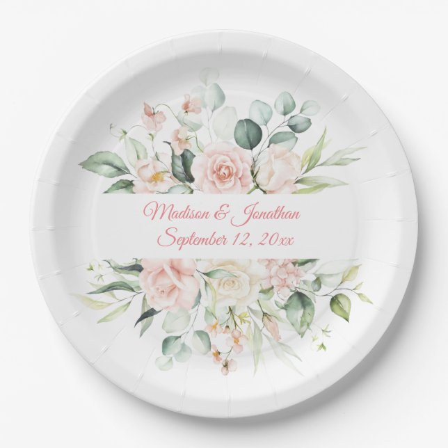 Assiettes En Carton Mariage Floral Élégant rose Chic Date Script (Devant)