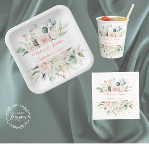 Assiettes En Carton Mariage Floral Élégant rose Chic Date Script