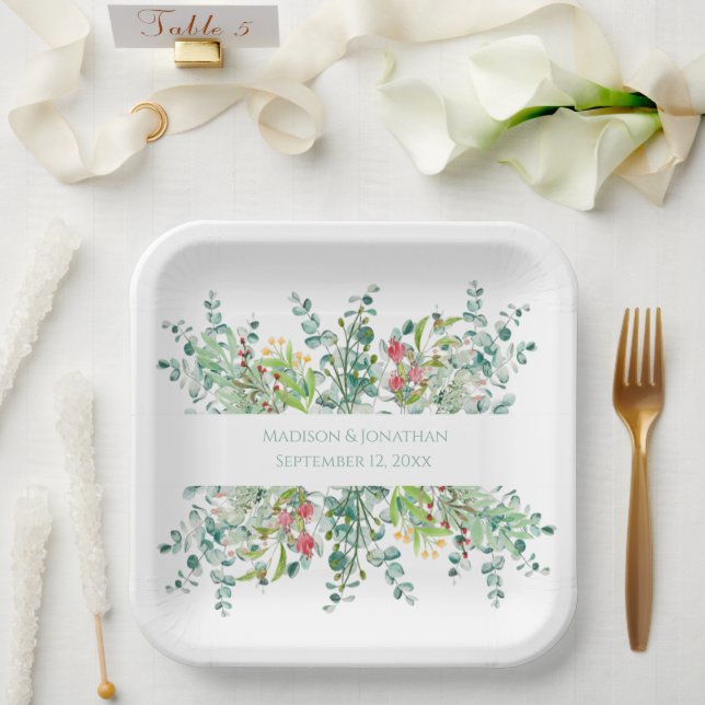 Assiettes En Carton Mariage Floral Elégant Verdure Aquarelle Noms (Mariage)