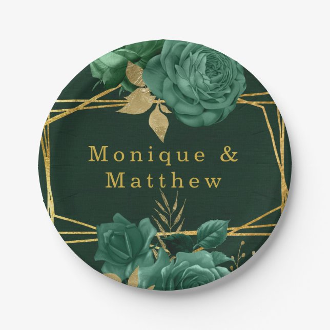 Assiettes En Carton Mariage floral géométrique Emerald Green (Devant)
