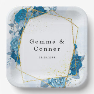 Assiettes En Carton Mariage Floral Géométrique Rustique Bleu Cyan